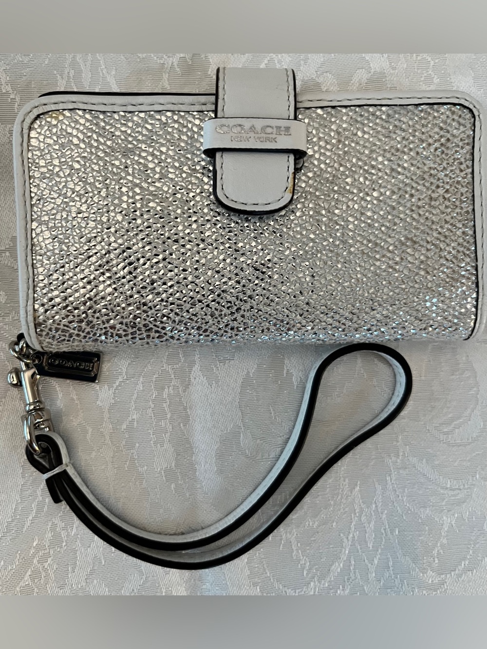 Coach Silver Metallic Wristlet Wallet with Mini Coach Metal Hangtag